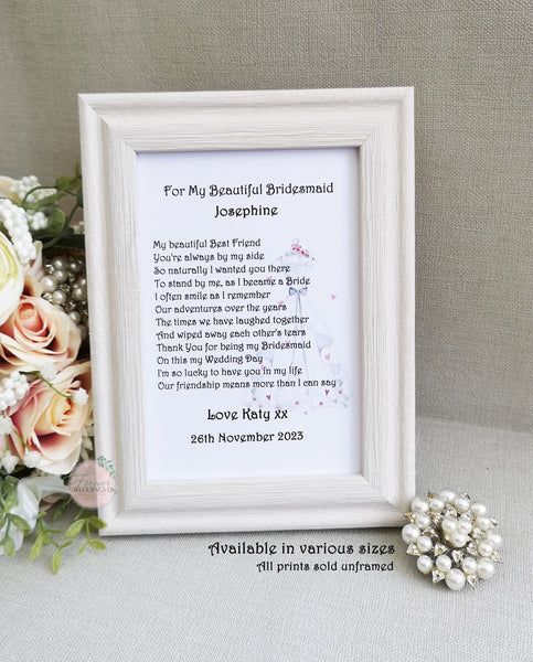 Personalised Bridesmaid Gift, Wedding Poem Print, Bridesmaid Thank You Gift, Bridesmaid Box Filler, Wedding Thank You, Bridal Party Gift