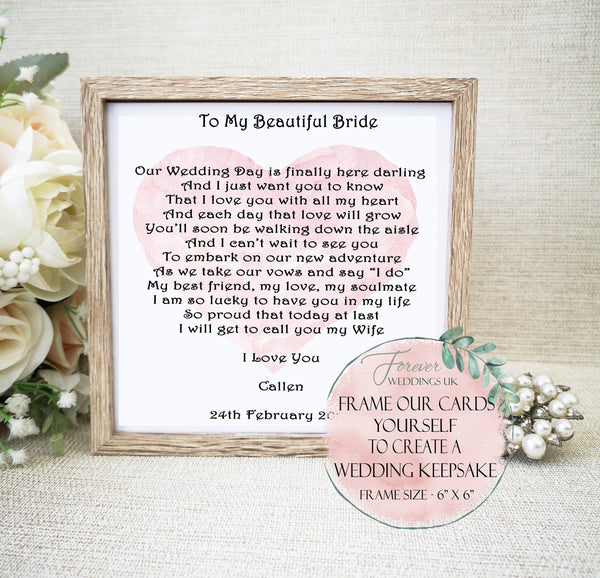 Maid of Honour Card, Personalised card from Bride, Sister, Niece, Friend, Cousin, Bridesmaid box filler, Pink Wedding Card, Wedding Morning