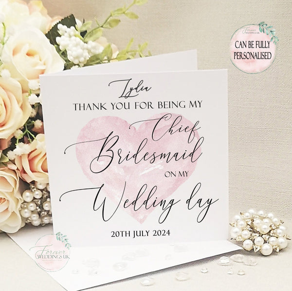 Chief Bridesmaid Thank you Card from Bride, Best Woman, Box Filler, Maid of Honour, Matron of Honour, Bridesmaid, Chief, Junior, Flower Girl