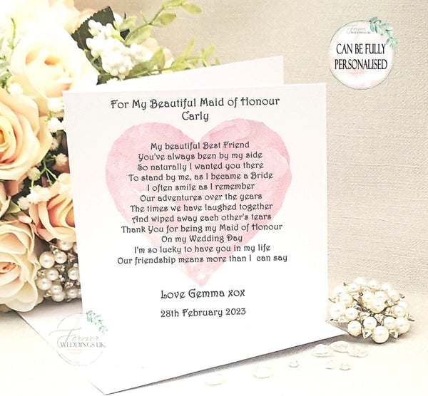 Maid of Honour Card, Personalised card from Bride, Sister, Niece, Friend, Cousin, Bridesmaid box filler, Pink Wedding Card, Wedding Morning