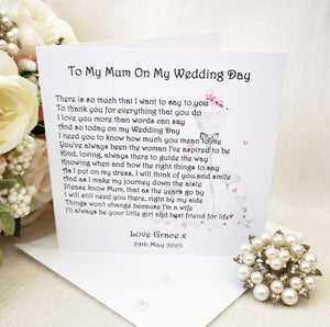 Wedding Day Card for Mum, Personalised Mother of the Bride Thank You Card, Card from Bride, Wedding poem, To my Mum on my wedding day