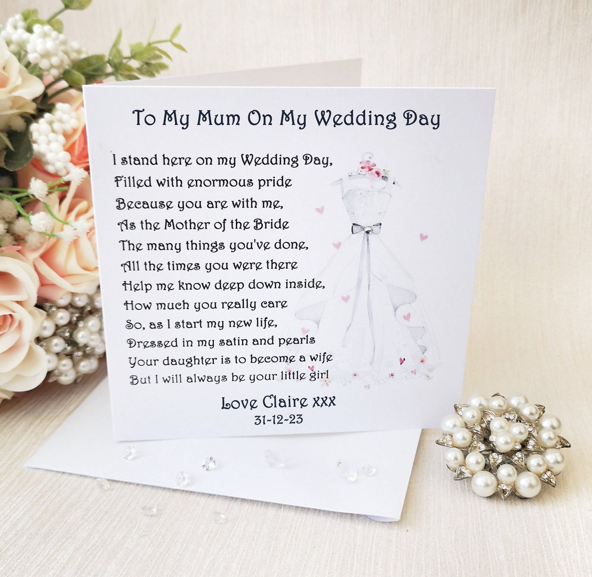 Mother of the Bride Card, Personalised To my Mum on my wedding day, Wedding poem card, Parent wedding card, Bridal Party thank you