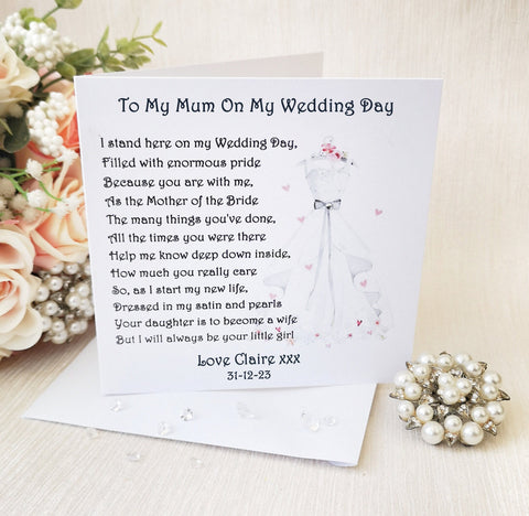 Mother of the Bride Card, Personalised To my Mum on my wedding day, Wedding poem card, Parent wedding card, Bridal Party thank you