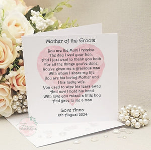 Mother of the Groom Wedding Day Card, Parent Wedding Card, Parents of the Groom Card, Personalised Wedding Card from Bride, Wedding Keepsake