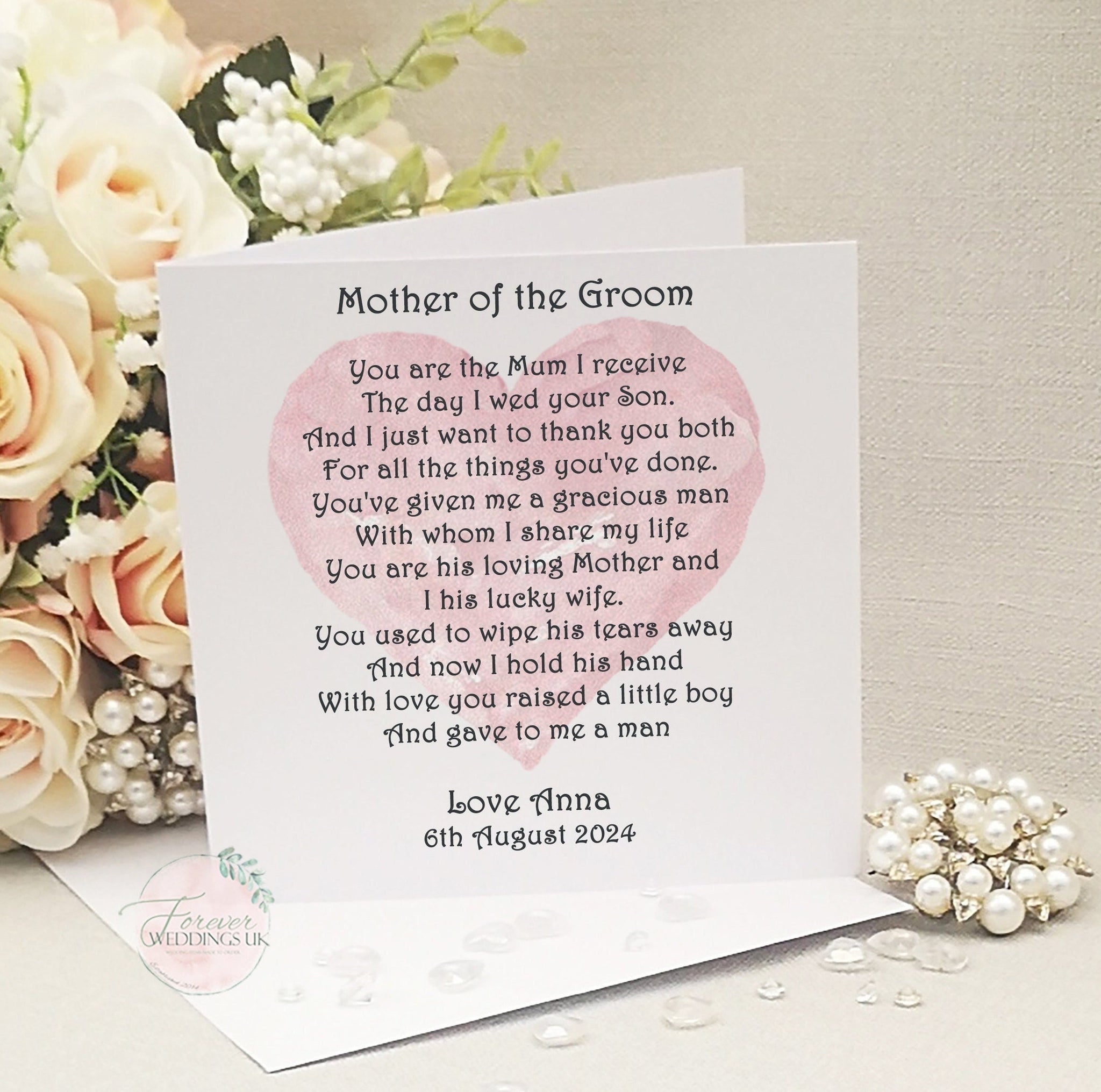 Personalised Mother of the Groom Wedding Card, Card from Bride, Parents of the Groom, Father of the Groom, Wedding Keepsake, Parent Card