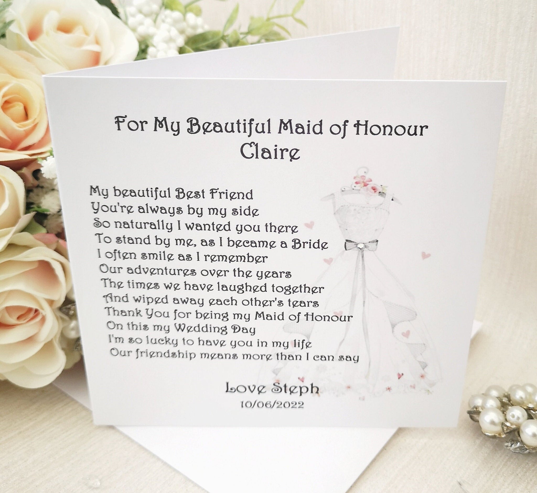 Maid of Honour Thank You Card, Personalised Wedding Card, Matron of Honour Card, Wedding Keepsake, On my Wedding Day, Large Wedding Poem