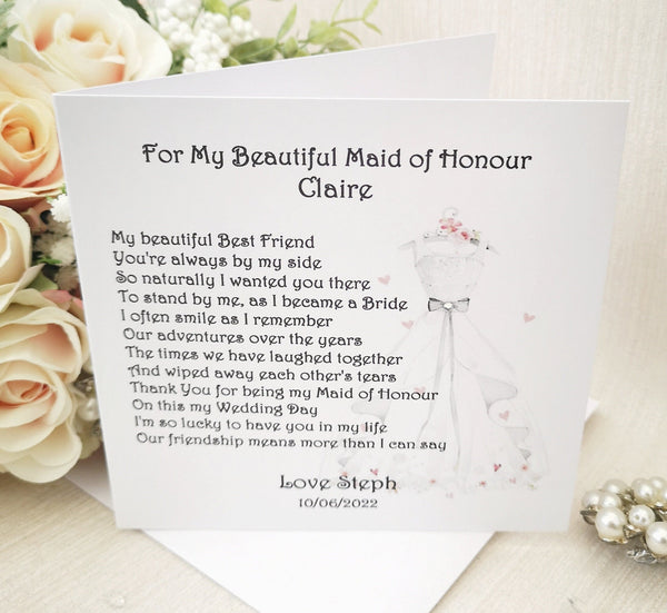 Maid of Honour Thank You Card, Personalised Wedding Card, Matron of Honour Card, Wedding Keepsake, On my Wedding Day, Large Wedding Poem