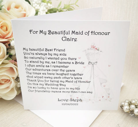 Maid of Honour Thank You Card, Personalised Wedding Card, Matron of Honour Card, Wedding Keepsake, On my Wedding Day, Large Wedding Poem