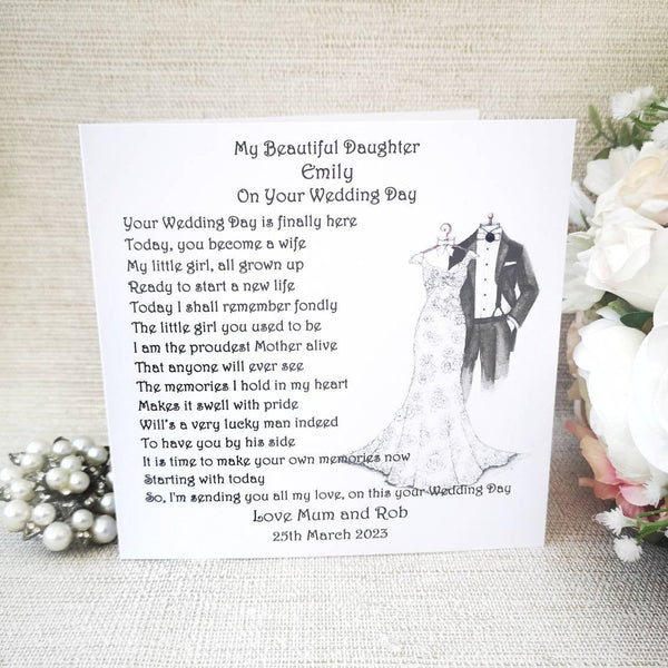 Personalised Daughter Wedding Day Card, To our Daughter on her wedding day, Poem Wedding Keepsake from Mum, Large custom Bride Card,