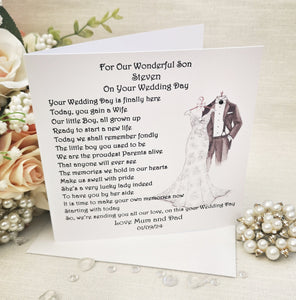 To my Son on his Wedding Day, Wedding morning card for Groom, Personalised Wedding Keepsake Card, Wedding Poem Card, Large Card from Mum