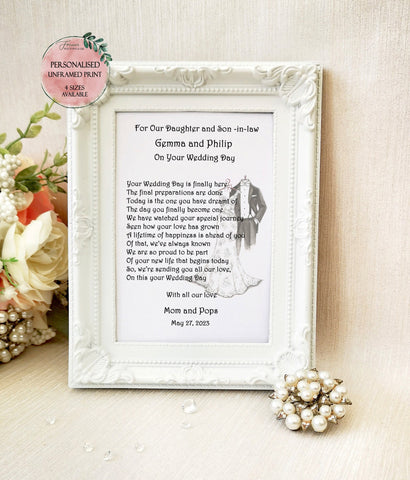 Wedding Gift for Daughter and Son in law, Personalised Poem, Wedding Day Print, Bride and Groom Wedding Keepsake, Gift from Mum to Daughter