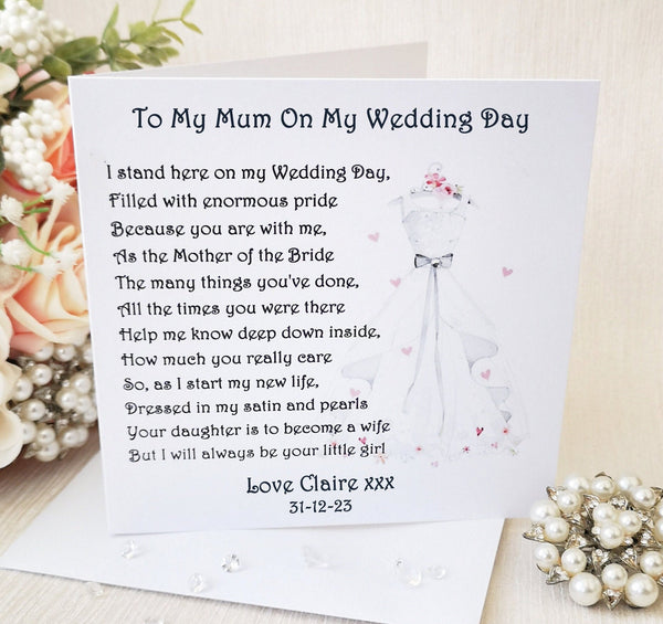 Mother of the Bride Card, To my Mum on my wedding day, Personalised Wedding poem, Mum wedding day card, Mother poem, Large Keepsake Card