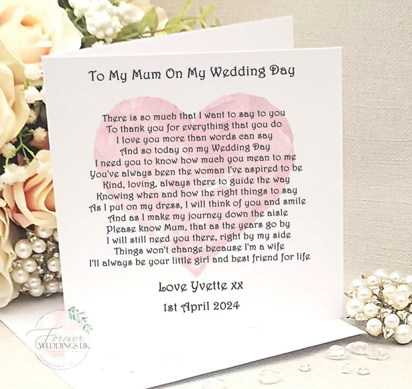 Personalised Wedding Card for Mum, Mother of the Bride card, Mother of the Bride poem, Custom wedding card, To my Mum on my Wedding Day