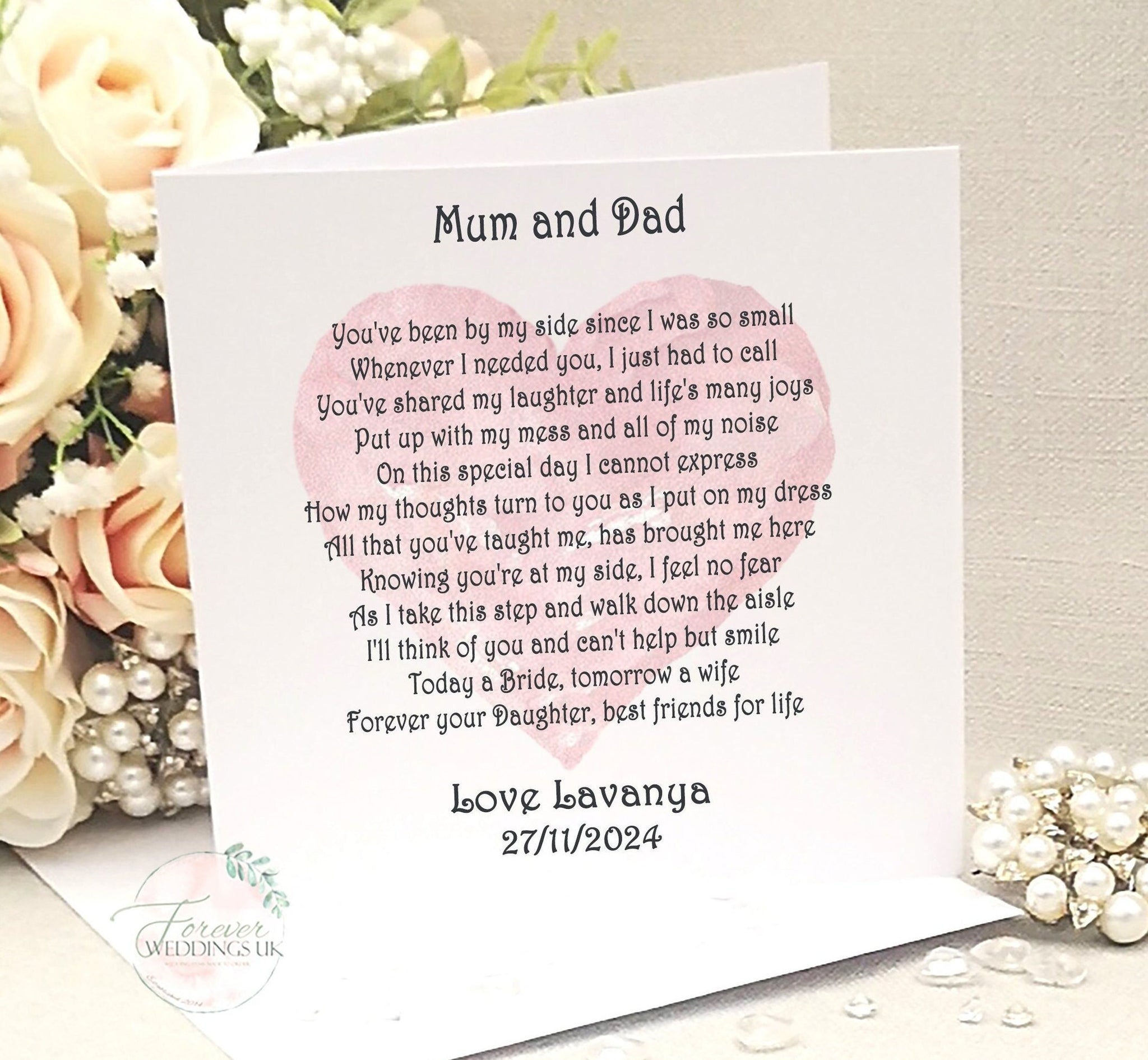 Mum and Dad on my Wedding Day, Parents of the Bride Card, Mother and Father of the Bride Poem, Wedding Keepsake Card, Large Parent Card