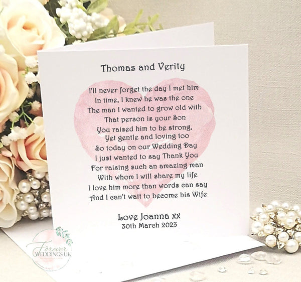 Parents of the Groom Card, Mother and Father of the Groom Poem, On my Wedding Day Card, Personalised Wedding Keepsake, Card from Bride