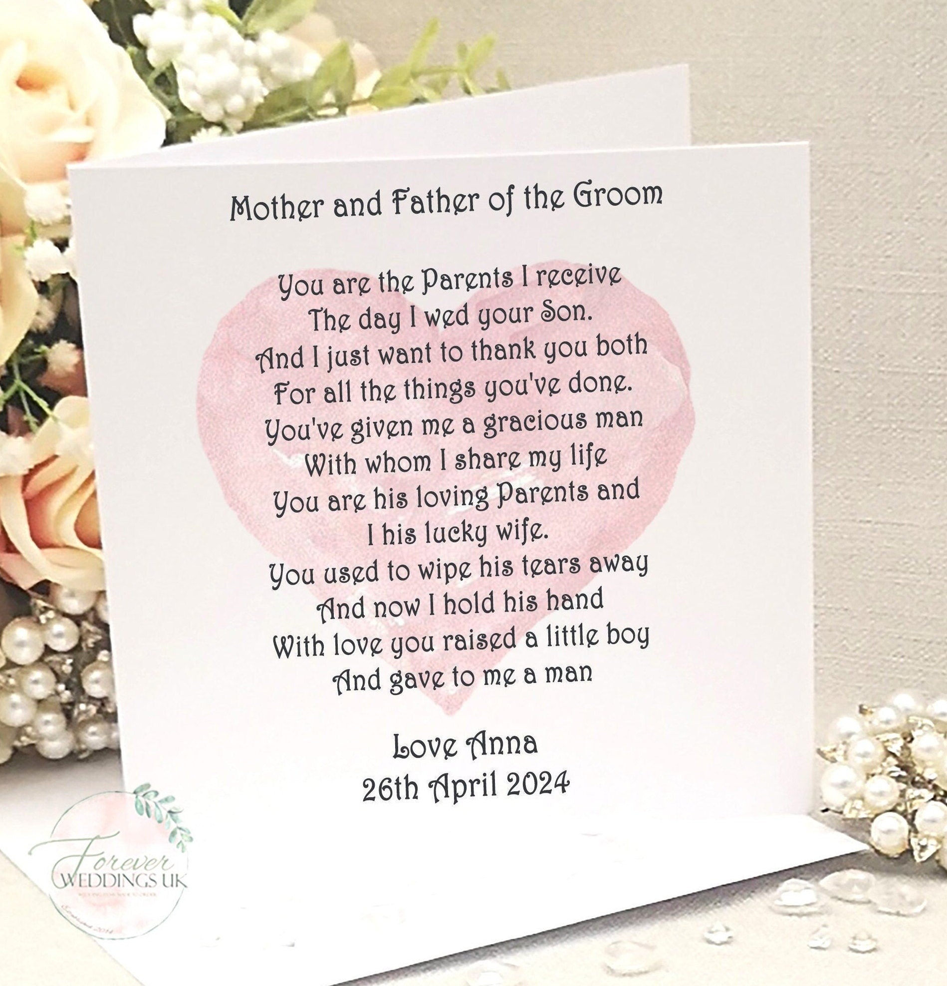 Mother and Father of the Groom Card, Personalised Parents of the Groom Wedding Keepsake, Parent Wedding Card, Thank You Card from the Bride