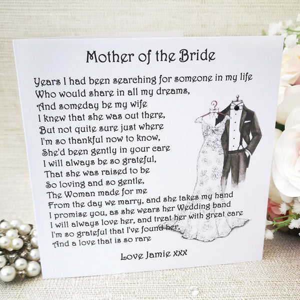 Parents of the Bride Card from Groom, Personalised Mother and Father of the Bride card, Wedding Keepsake, Large Custom Wedding Poem Card