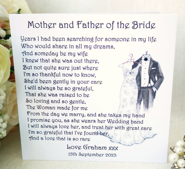 Parents of the Bride Card from Groom, Personalised Mother and Father of the Bride card, Wedding Keepsake, Large Custom Wedding Poem Card