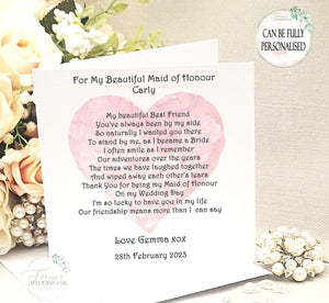 Maid of Honour Card, Personalised Wedding Thank You, Bridesmaid Cards, Large Keepsake Card, Bridal Party, Custom Wedding Card from Bride