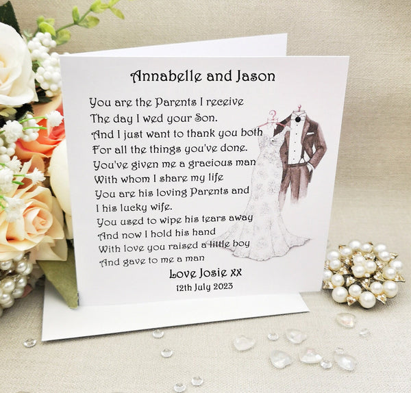 Mother and Father of the Groom Card, Wedding Poem Card, Thank You Card from Bride, Bridal Party Card, Personalised Wedding Keepsake Card