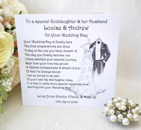 Goddaughter and her Husband Wedding Day card, Large Card for Bride and Groom, Personalised Wedding poem card, On your Wedding day card