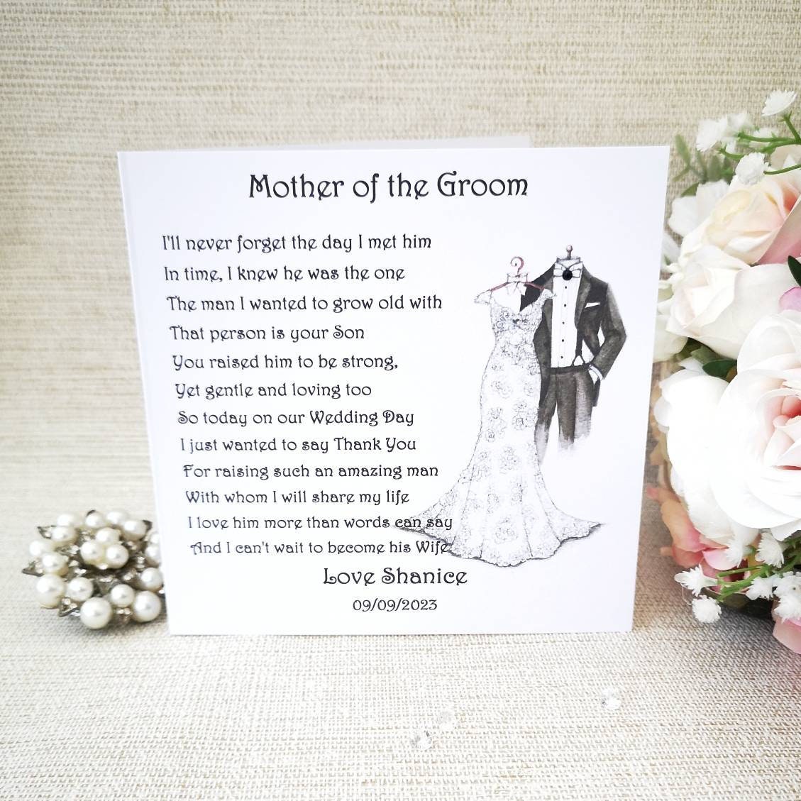 Mother of the Groom Wedding thank you card from Bride, Wedding day card, Personalised mother-in-law wedding card, Large Wedding poem card