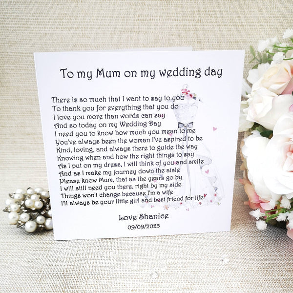 Wedding Day Card for Mum, Personalised Mother of the Bride Thank You Card, Card from Bride, Wedding poem, To my Mum on my wedding day