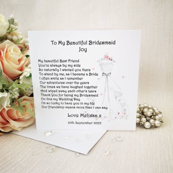 Personalised Bridesmaid Thank You Card, Daughter Bridesmaid, Maid of Honour Card, Card from Bride, Wedding Poem Card, Wedding Day Card