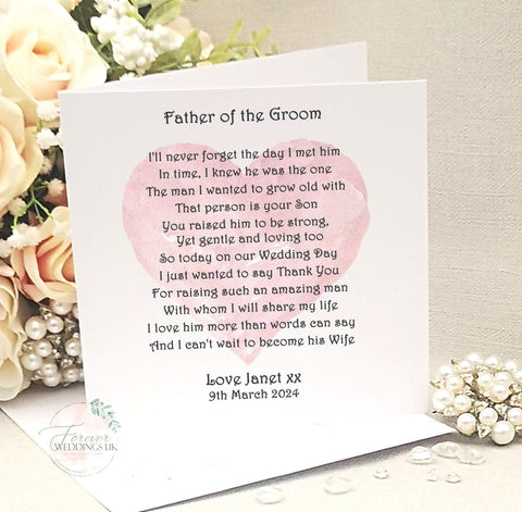 Father of the Groom Card, Mother of the Groom, Parents of the Groom poem card, Card from Bride, Wedding Day Card, Wedding morning card