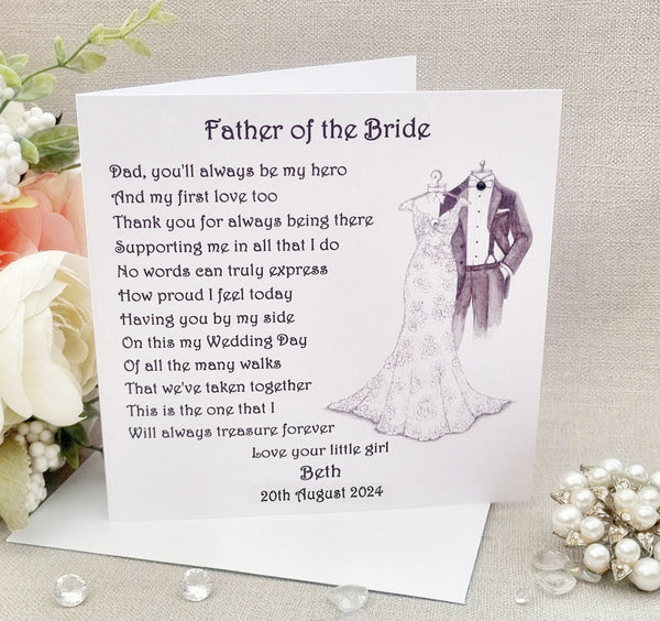 Father of the Bride Wedding Day Card, To my Dad on my Wedding Day, Parent Wedding Card, Card from Bride, Large Wedding Keepsake Poem Card