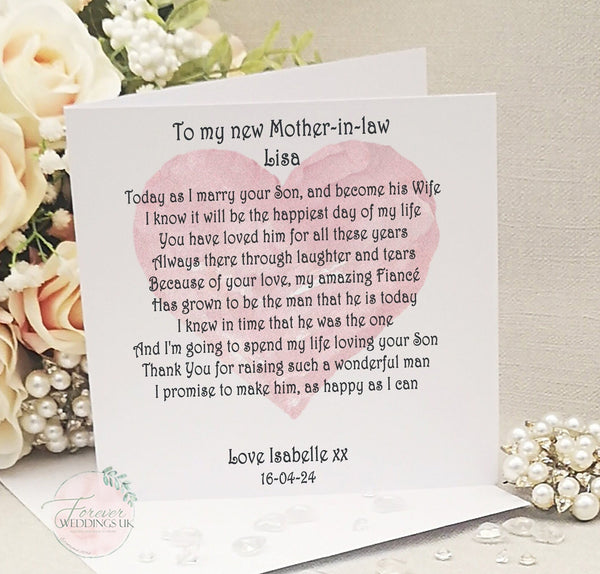 New Mother in law Wedding day card, Mother of the Groom Poem, Parents Wedding Card, Wedding Keepsake, Personalised Large Custom Wedding Card