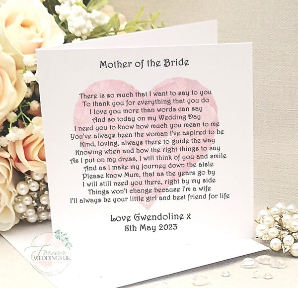 Personalised Wedding Card for Mum, Mother of the Bride card, Mother of the Bride poem, Custom wedding card, To my Mum on my Wedding Day