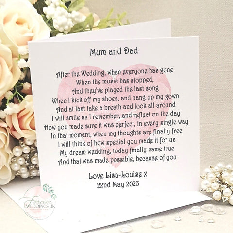 Thank you Mum and Dad Wedding Day Card, Mother and Father of the Bride poem, Card from Bride, Parent Wedding Card, Large Wedding Keepsake