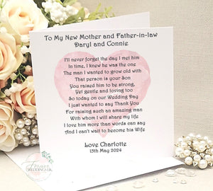 Parents of the Groom Card, Mother and Father of the Groom Poem, On my Wedding Day Card, Personalised Wedding Keepsake, Card from Bride