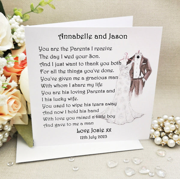 Mother and Father of the Groom Wedding Day Card, Parents of the Groom Thank You, Personalised Poem, Card from Bride, Large Wedding Keepsake