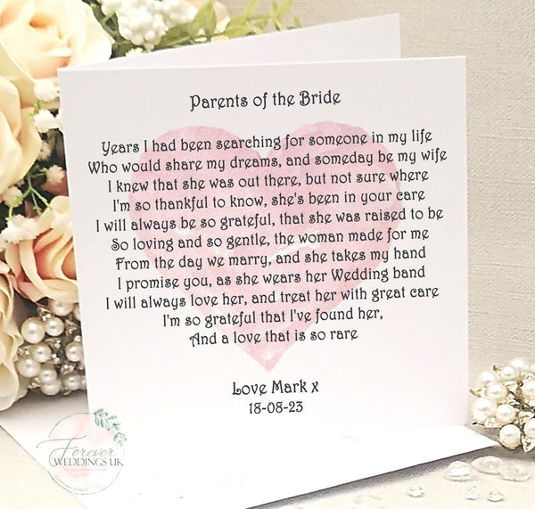 Mother and Father of the Bride Card from Groom card, Custom Wedding Card, Wedding card from Son-in-law, Parents Wedding Card, Keepsake Card