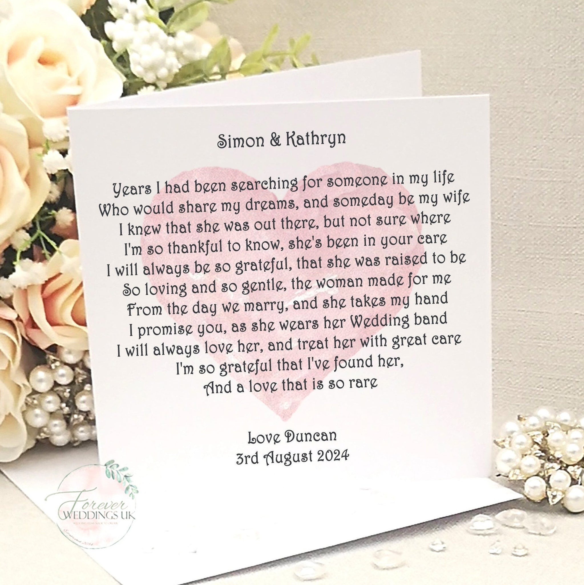 Mother and Father of the Bride Card from Groom card, Custom Wedding Card, Wedding card from Son-in-law, Parents Wedding Card, Keepsake Card