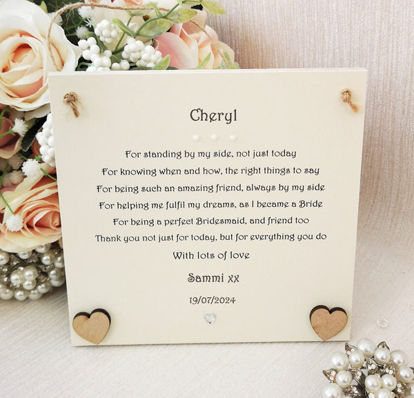 Bridesmaid Thank You Poem, Rustic Wedding Thank You Gift, Custom Hanging Plaque, Personalised Wedding Gift from Bride, Bridesmaid Box Gifts