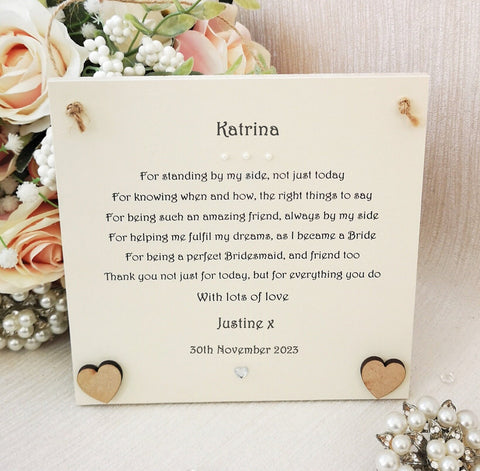 Bridesmaid Thank You Poem, Rustic Wedding Thank You Gift, Custom Hanging Plaque, Personalised Wedding Gift from Bride, Bridesmaid Box Gifts