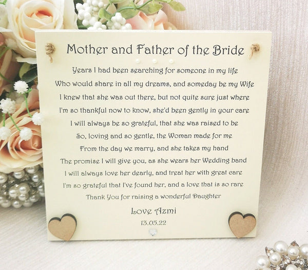 Mother and Father of the Bride gift from Groom, Parents of the Bride Poem, Wedding Parents Gift, New In-laws Wedding Present