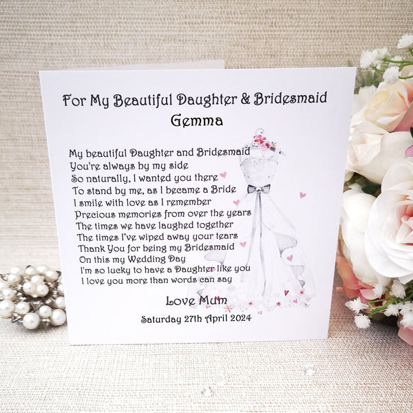 Personalised Daughter Bridesmaid Thank You Card, Maid of Honour Card, Wedding Day Card, Card from Bride, Wedding Poem, Custom Card