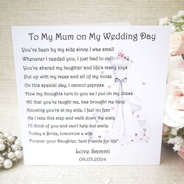 To my Mum on my wedding day, Mother of the Bride card, Parent Wedding Card, Personalised Wedding Keepsake, Large custom card from Bride