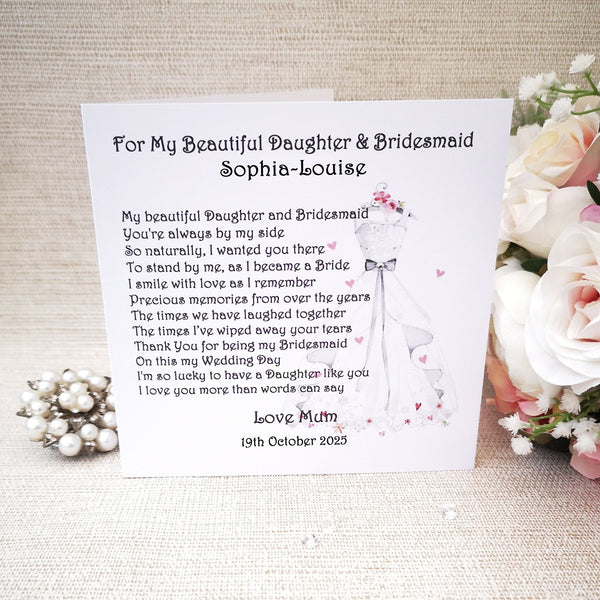 Personalised Daughter Bridesmaid Thank You Card, Maid of Honour Card, Wedding Day Card, Card from Bride, Wedding Poem, Custom Card