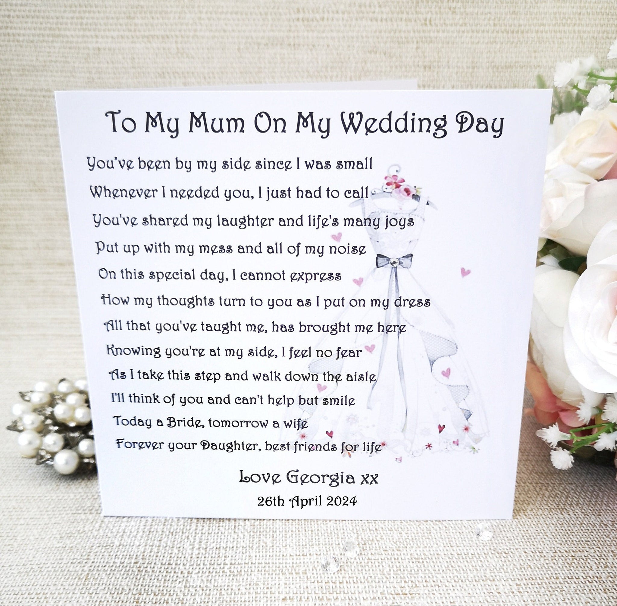 Mother of the Bride Wedding Day Card, Personalised Mum Wedding keepsake Card, Mother of the Bride Wedding poem, To my Mum on my Wedding day