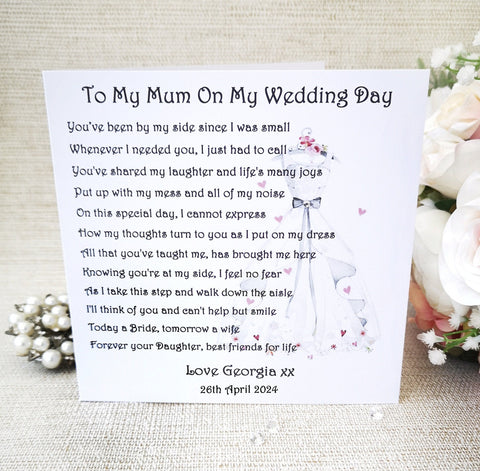 Mother of the Bride Wedding Day Card, Personalised Mum Wedding keepsake Card, Mother of the Bride Wedding poem, To my Mum on my Wedding day