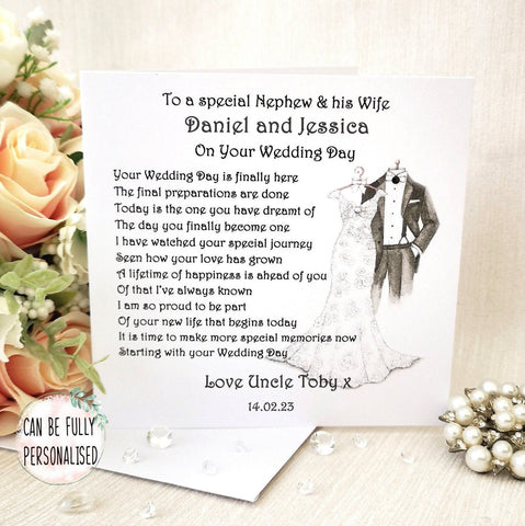 Personalised Nephew Wedding Day Card, Large Wedding Card for Bride and Groom, Mr and Mrs Poem, Wedding Keepsake, On your wedding day card,