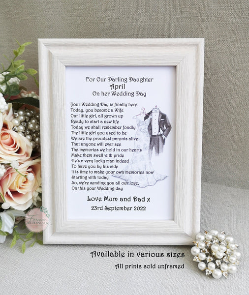 To our Daughter on your Wedding Day, Wedding Gift for Daughter from Mother, Bride Gift for Daughter, Personalised Poem Card