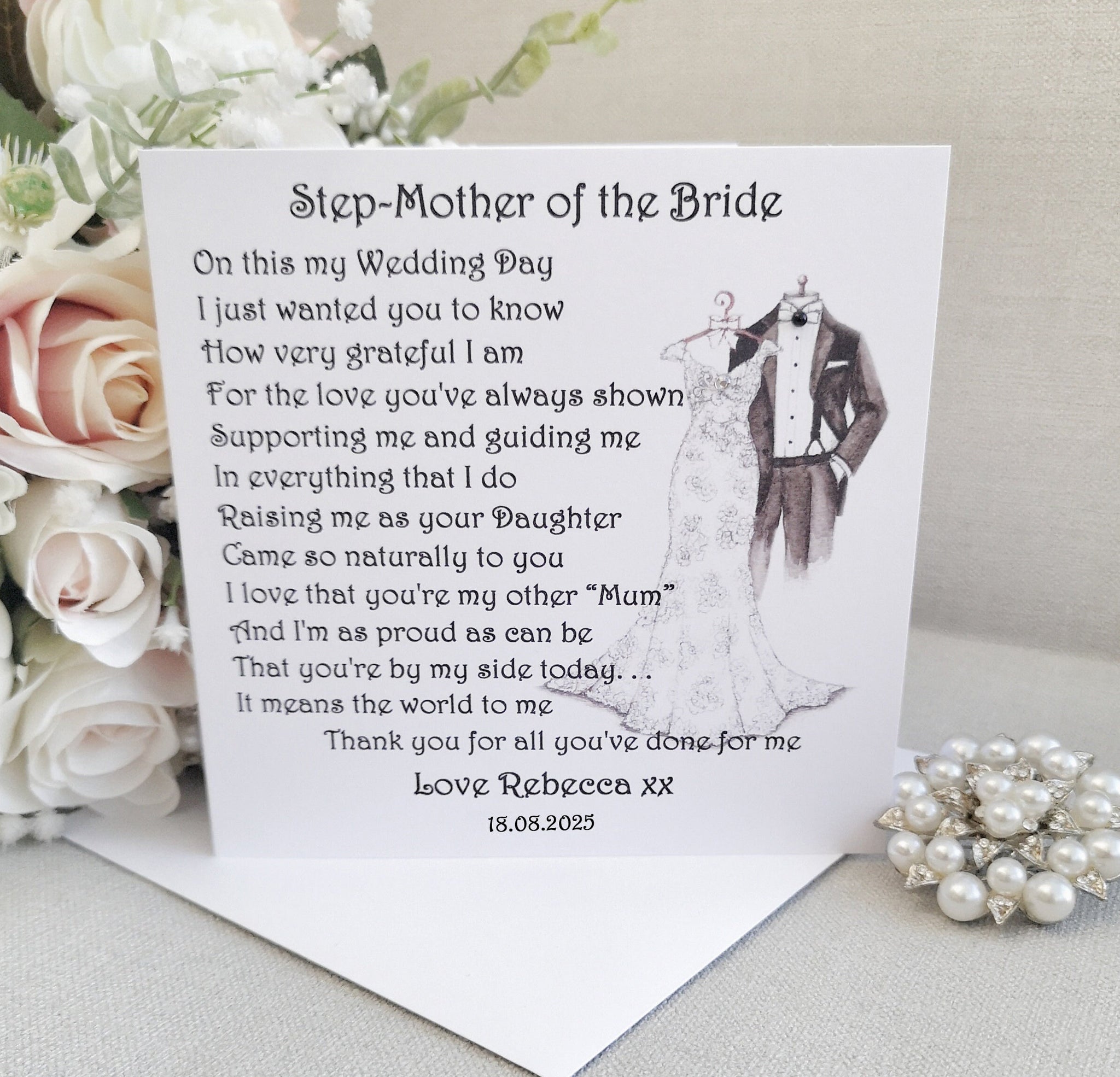 Step Mother of the Bride Wedding Day Card, On my Wedding Day, Personalised for Step-Mum or Step-Dad, Thank You Card