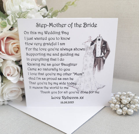 Step Mother of the Bride Wedding Day Card, On my Wedding Day, Personalised for Step-Mum or Step-Dad, Thank You Card