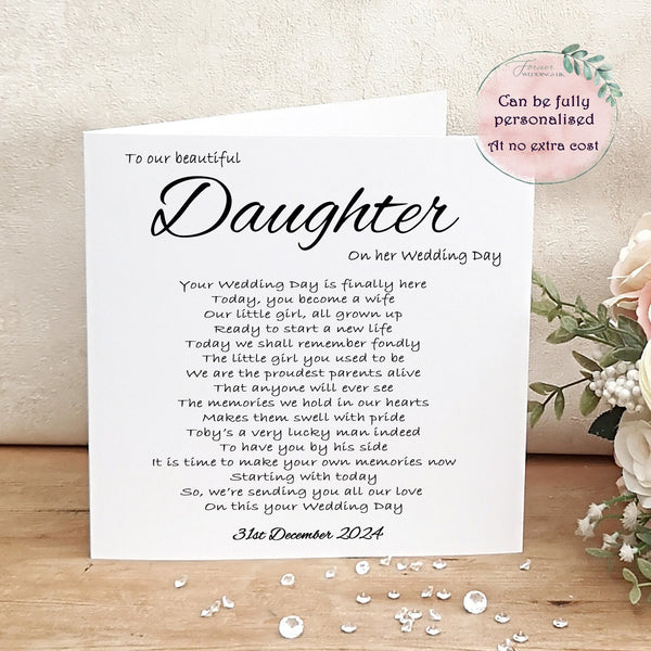 Daughter on her Wedding Day Card, Card for Bride, Minimalist Poem Card, Personalised Wedding, Kraft Wedding Card, Rustic Wedding